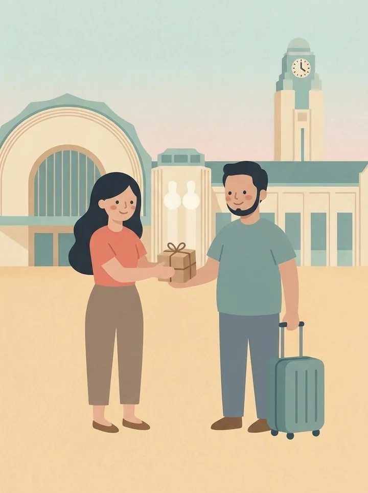 The sender handing a parcel to the traveler outside Helsinki station.