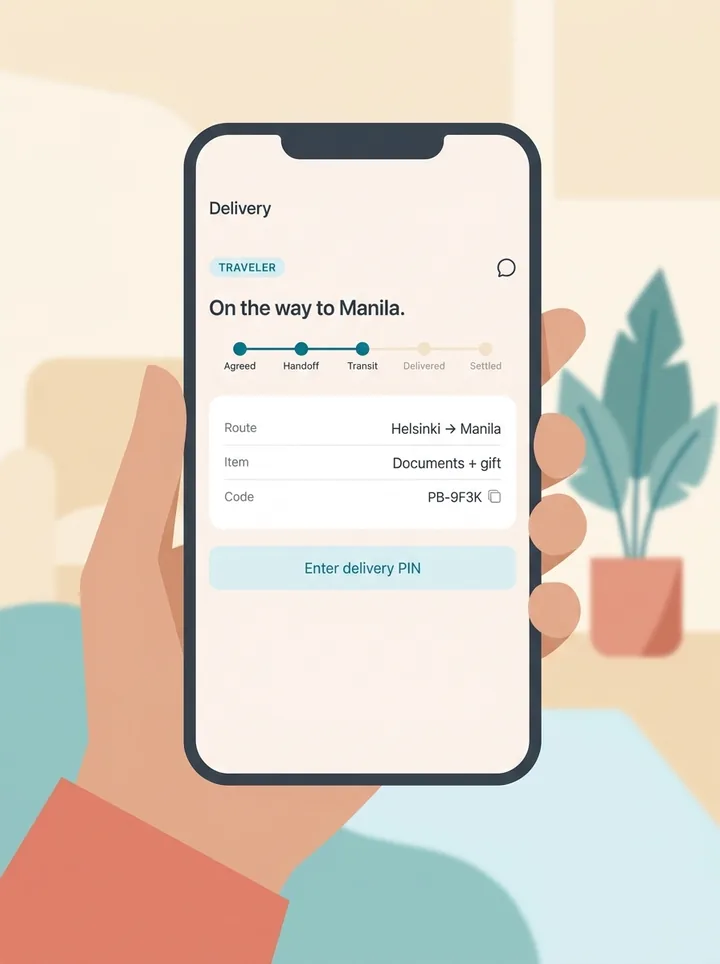A hand holding a phone showing the delivery tracking screen.