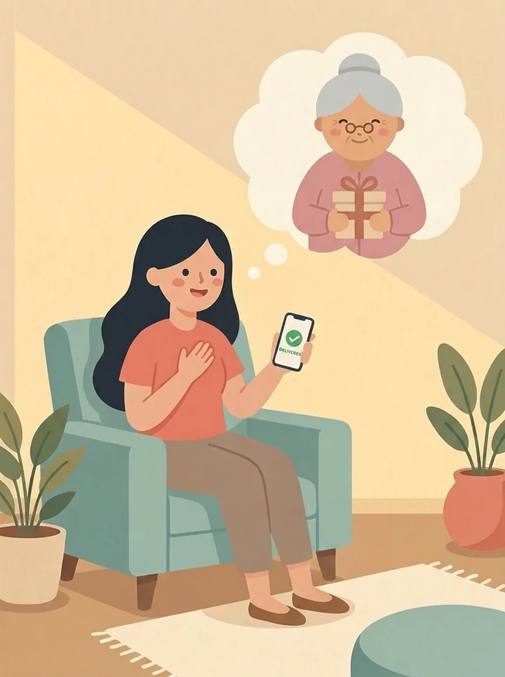 The sender at home, delighted, imagining her grandmother with the gift.