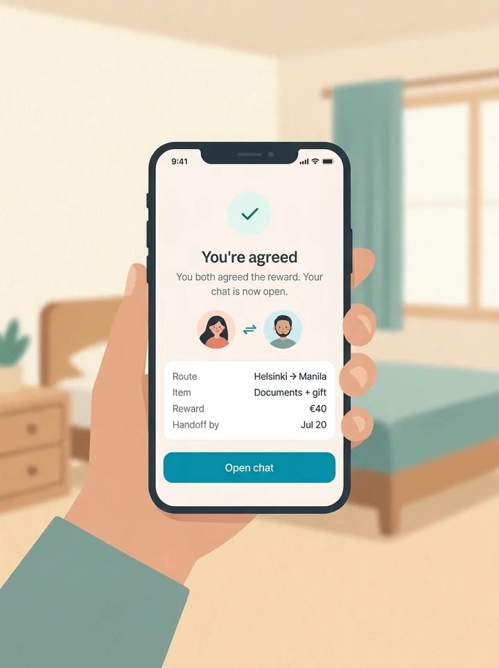 A hand holding a phone showing the You're agreed screen.