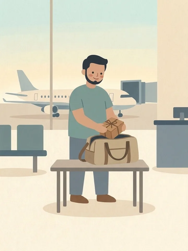 The traveler placing the parcel into his bag at the airport.