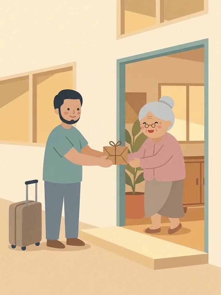 The traveler handing the gift to the grandmother at her door.